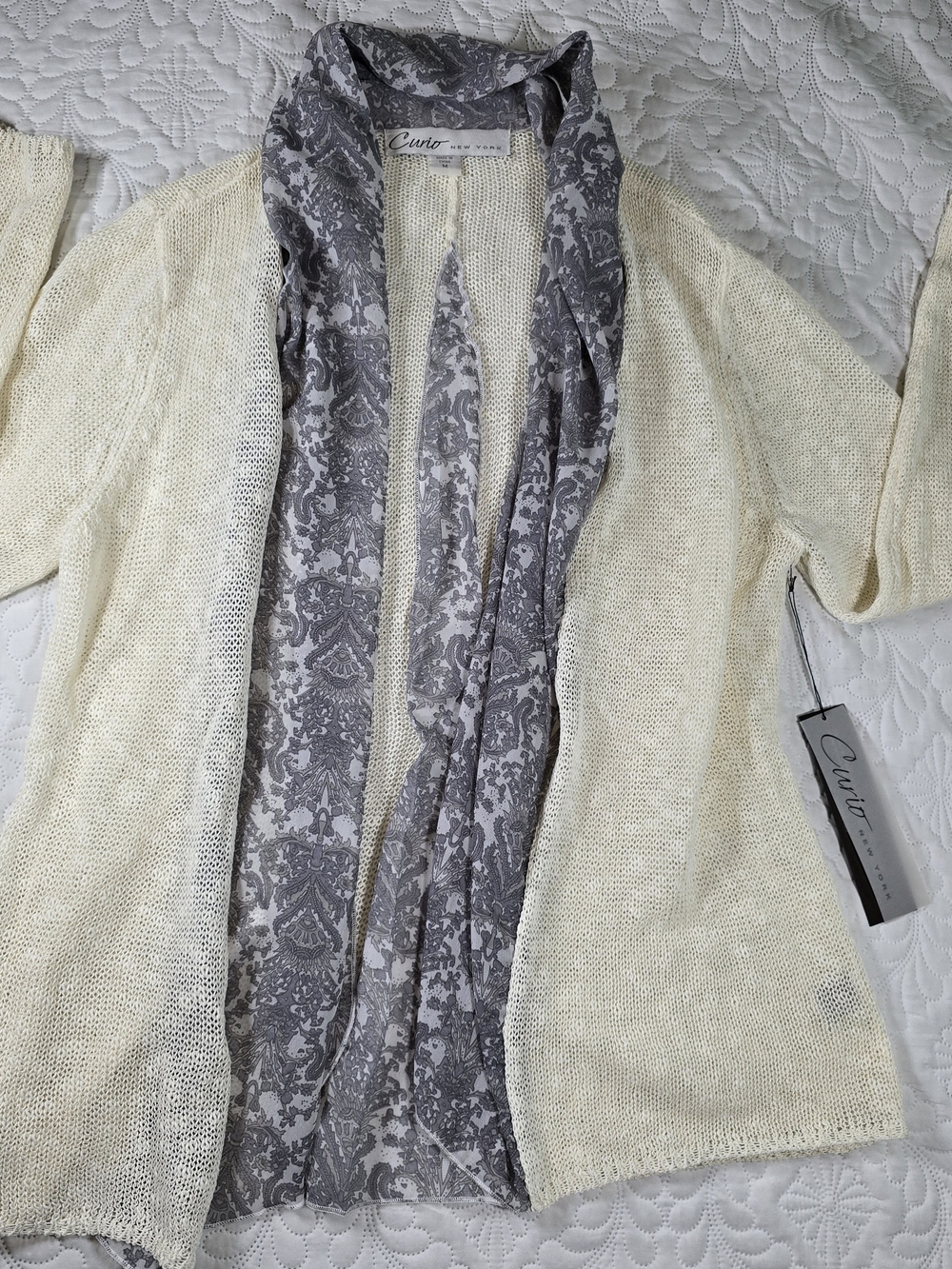 Curio New York Cream Knit Cardigan Open Front Scarf Neck Paisley M Medium